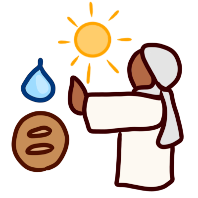 a brown-skinned person wearing a light head covering and white garment rejecting bread and water with the sun up behind them.